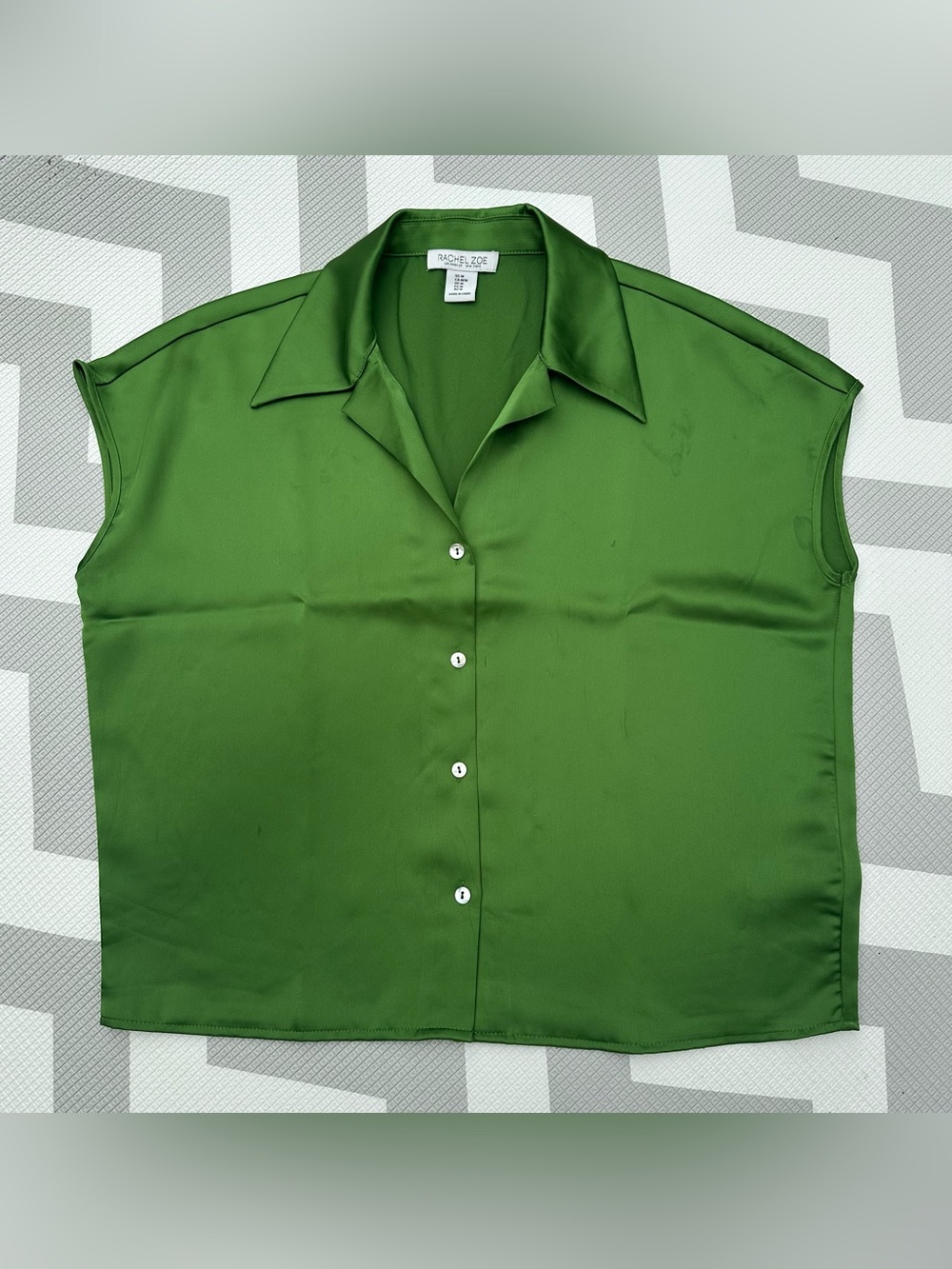 Rachel Zoe Emerald Green Satin Cap-Sleeve Button-Front Top
